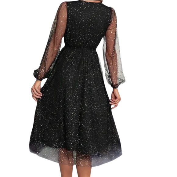 Women’s Shiny Mesh Lantern Sleeve Dress - Picture 7 of 13